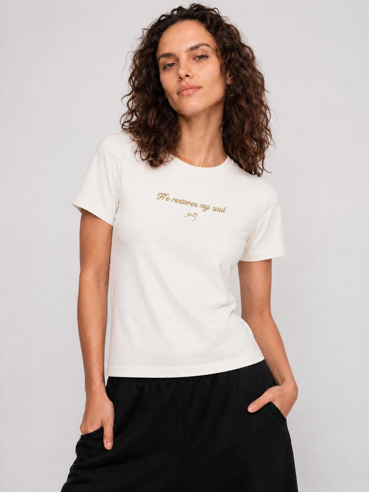 PS23 Embroidery He restores my soul Women’s Standard Shoulder T-Shirt